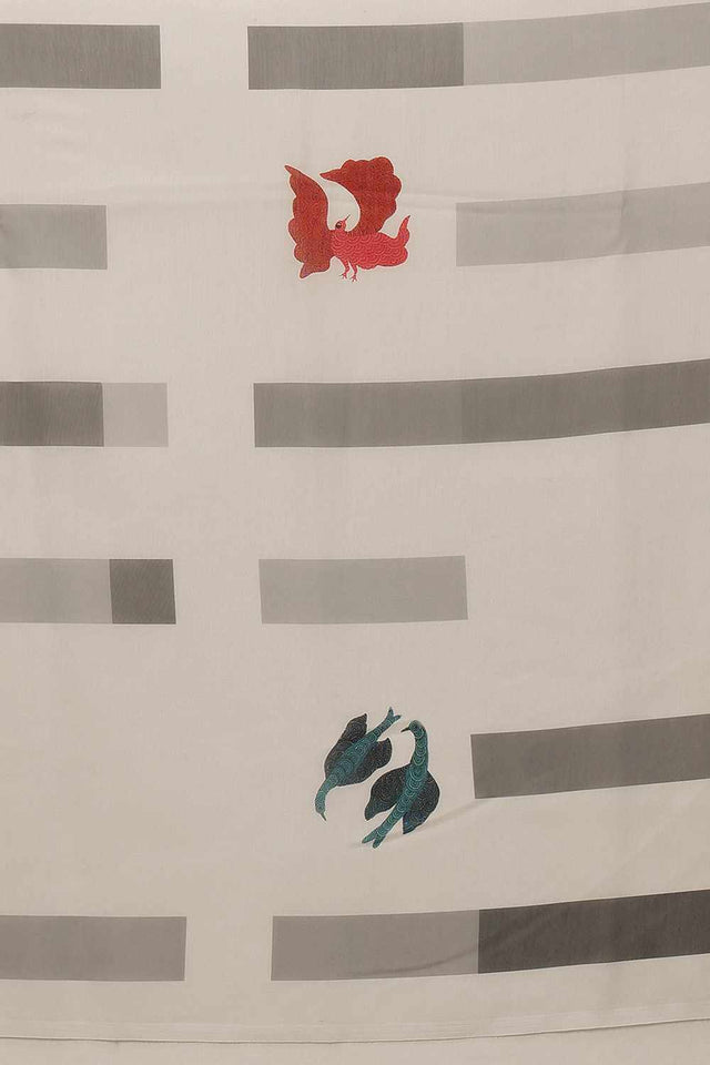 White Digital Printed Cotton Saree