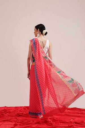 Red Printed Cotton  Saree