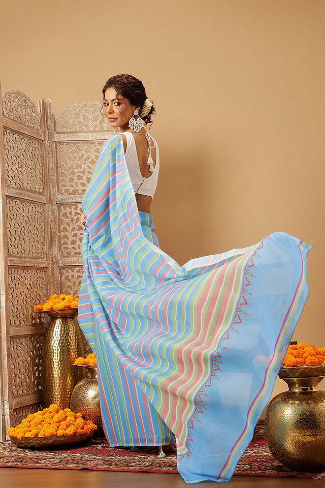 Blue Leheriya Printed Malmal Cotton Saree