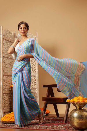 Blue Leheriya Printed Malmal Cotton Saree