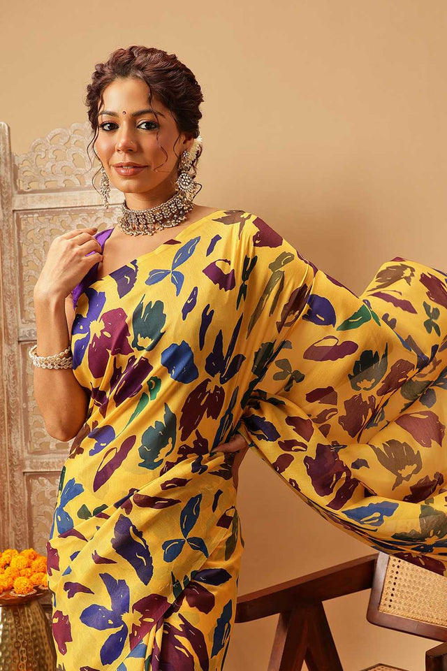 Yellow Floral Printed Malmal Cotton Saree