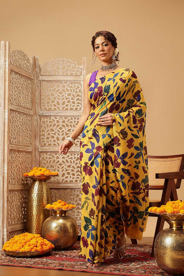 Yellow Floral Printed Malmal Cotton Saree