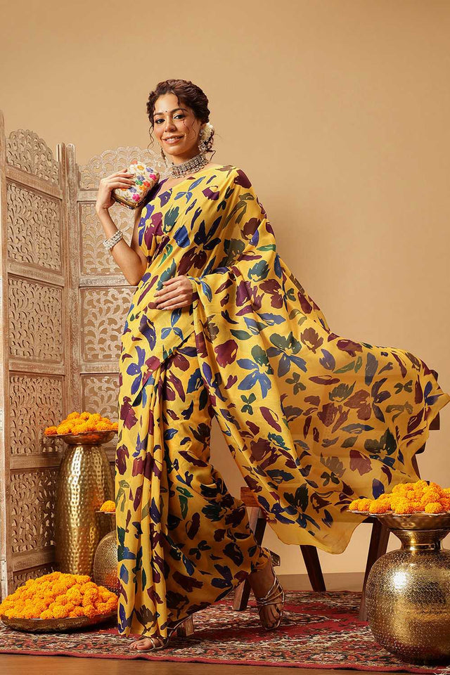 Yellow Floral Printed Malmal Cotton Saree