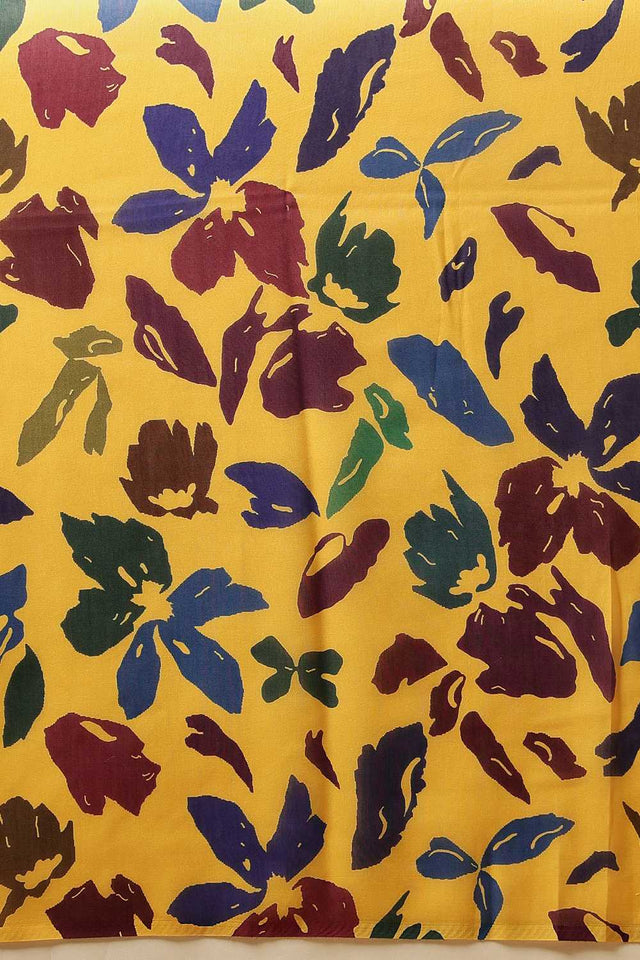 Yellow Floral Printed Malmal Cotton Saree