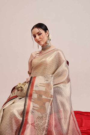 Beige Banarasi Printed Cotton  Saree