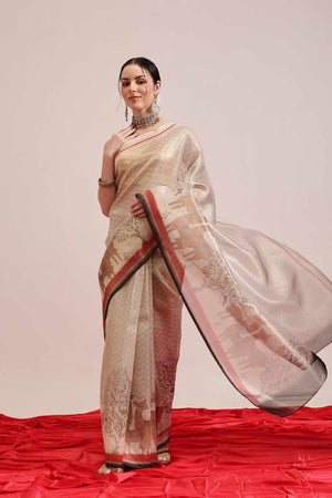 Beige Banarasi Printed Cotton  Saree