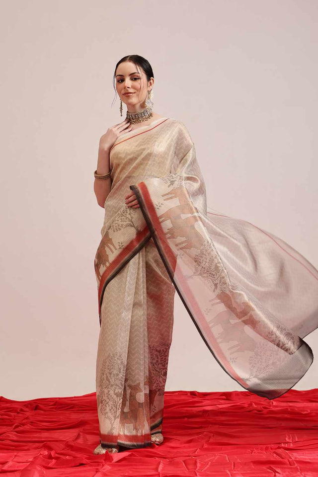 Beige Banarasi Printed Cotton  Saree