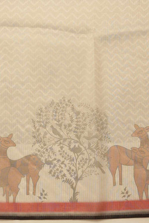 Beige Banarasi Printed Cotton  Saree