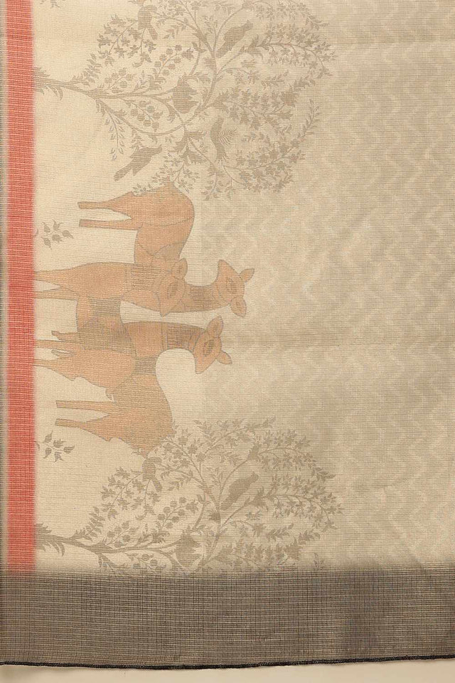 Beige Banarasi Printed Cotton  Saree