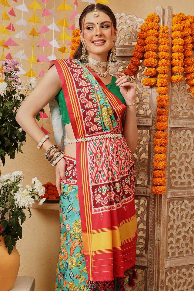 Multi Color Floral Printed Silk Saree