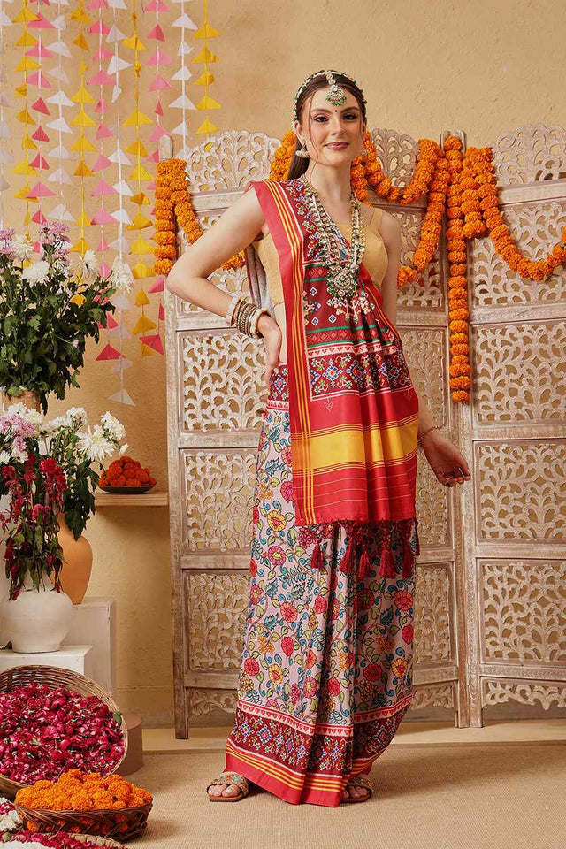 Multi Color Floral Printed Silk Saree