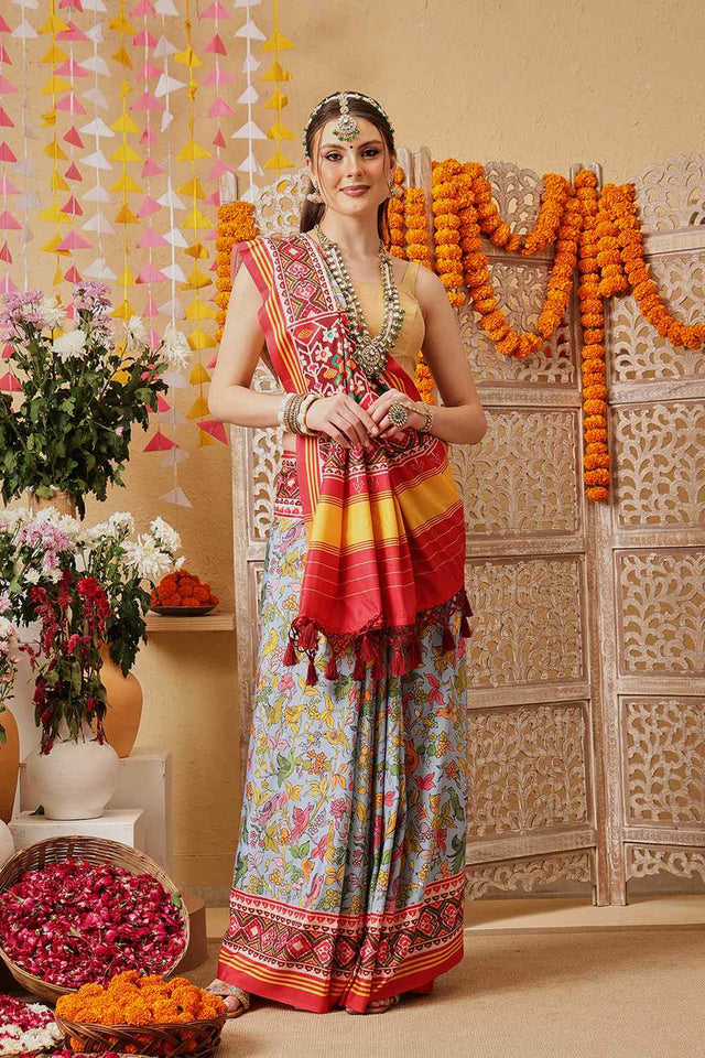 Multi Color Floral Printed Silk Saree
