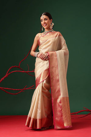 Beige Solid Tissue Saree