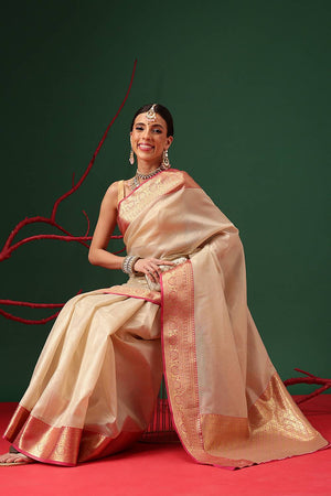 Beige Solid Tissue Saree