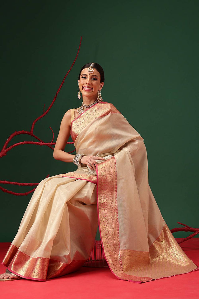 Beige Solid Tissue Saree