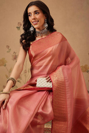 Pink Solid Tissue Saree