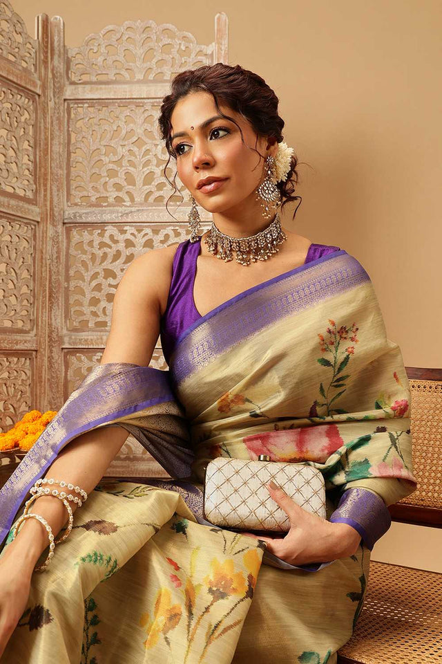 Beige Floral Printed Tissue Silk Saree