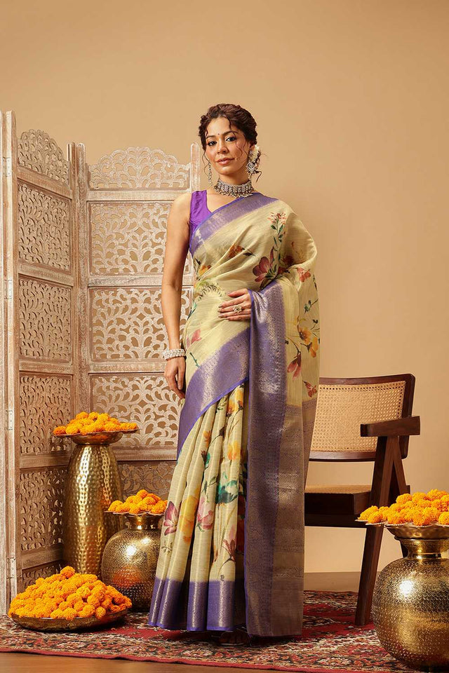 Beige Floral Printed Tissue Silk Saree