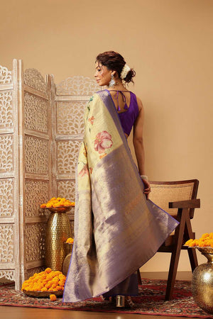 Beige Floral Printed Tissue Silk Saree