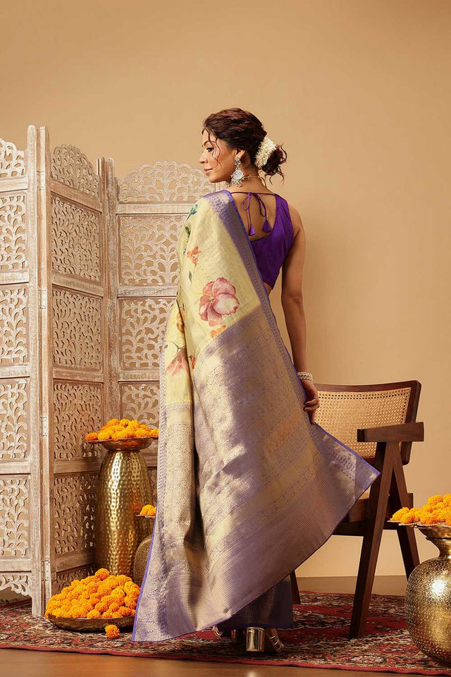 Beige Floral Printed Tissue Silk Saree