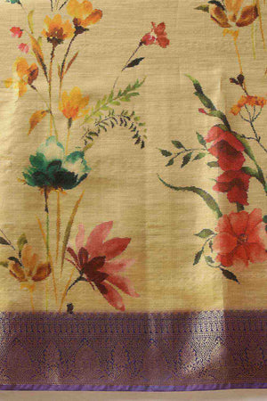 Beige Floral Printed Tissue Silk Saree