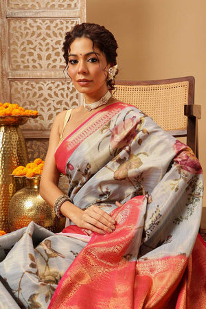 Grey Floral Printed Tissue Silk Saree