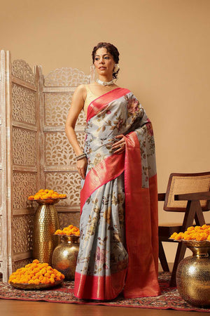 Grey Floral Printed Tissue Silk Saree