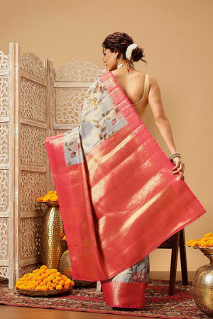 Grey Floral Printed Tissue Silk Saree