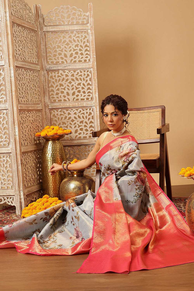 Grey Floral Printed Tissue Silk Saree