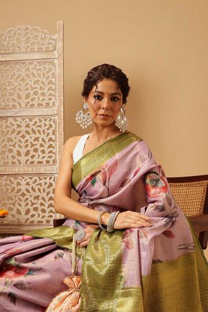 Lavender Floral Printed Tissue Silk Saree