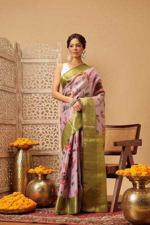 Lavender Floral Printed Tissue Silk Saree