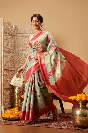 Olive Green Floral Printed Tissue Silk Saree