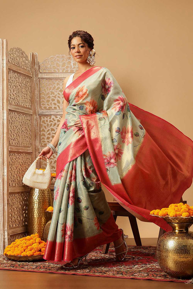Olive Green Floral Printed Tissue Silk Saree