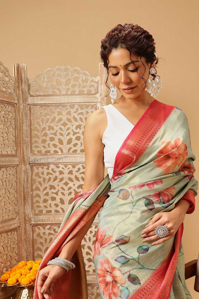 Olive Green Floral Printed Tissue Silk Saree