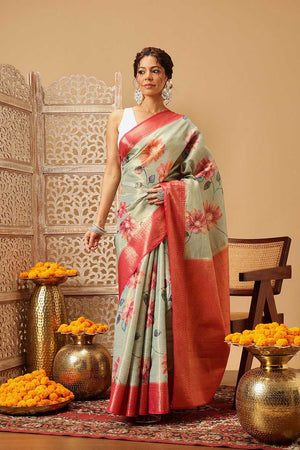 Olive Green Floral Printed Tissue Silk Saree