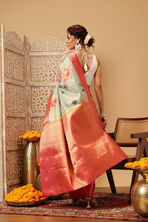 Olive Green Floral Printed Tissue Silk Saree