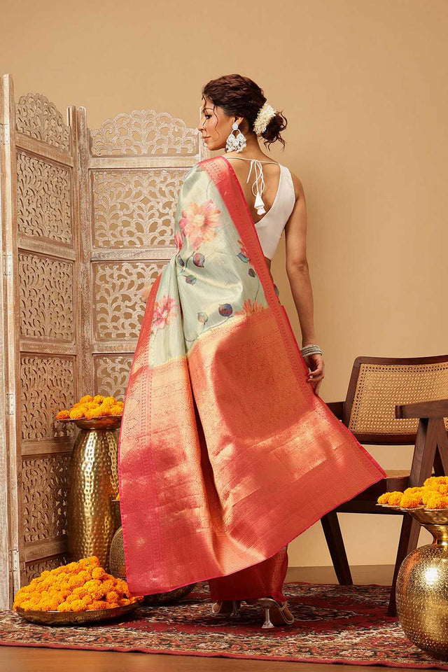 Olive Green Floral Printed Tissue Silk Saree