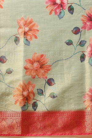 Olive Green Floral Printed Tissue Silk Saree