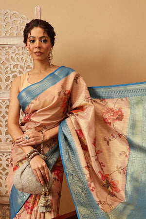 Peach Floral Printed Tissue Silk Saree