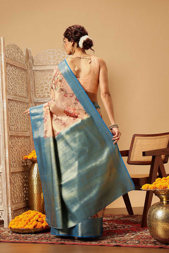 Peach Floral Printed Tissue Silk Saree