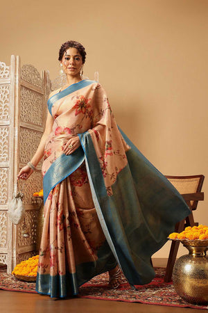 Peach Floral Printed Tissue Silk Saree