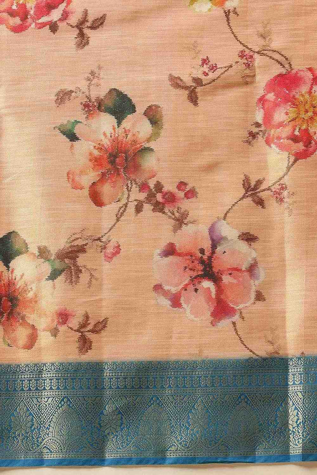 Peach Floral Printed Tissue Silk Saree