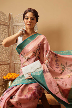 Pink Floral Printed Tissue Silk Saree