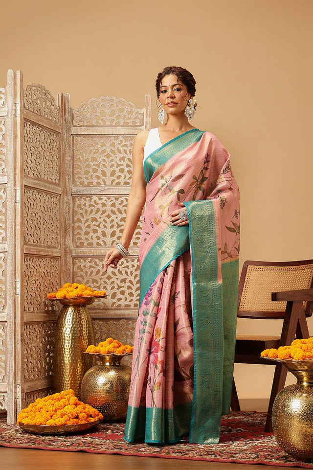 Pink Floral Printed Tissue Silk Saree