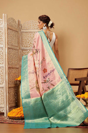 Pink Floral Printed Tissue Silk Saree