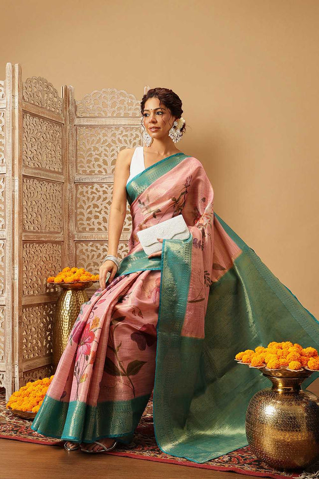 Pink Floral Printed Tissue Silk Saree