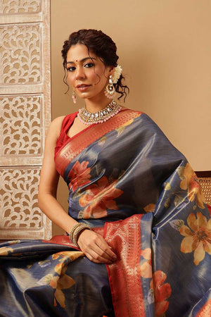 Blue Floral Printed Tissue Silk Saree