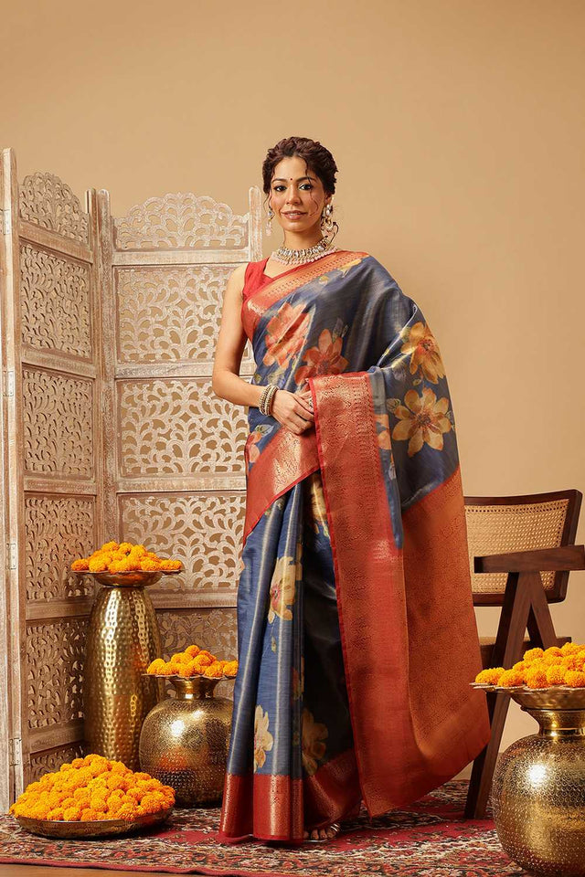 Blue Floral Printed Tissue Silk Saree
