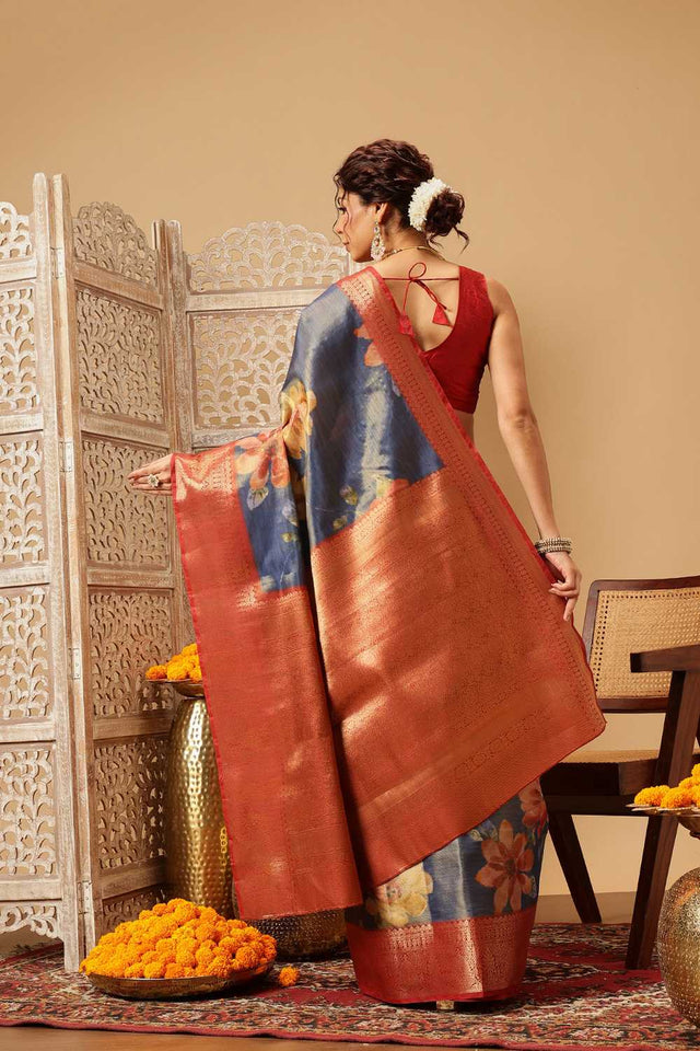 Blue Floral Printed Tissue Silk Saree
