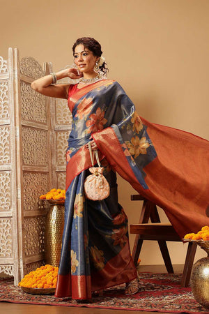 Blue Floral Printed Tissue Silk Saree